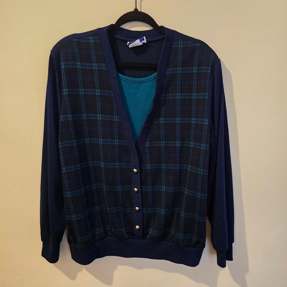 Vintage 90s Cape Cod Sportswear Cardigan Top Womens L Blue Plaid Layered Look